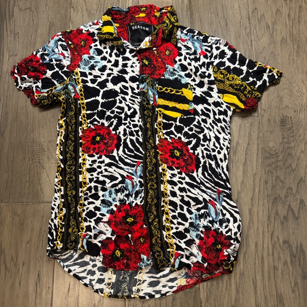 REASON Women's L Short Sleeve Button Up Shirt All Over Print Floral Zebra Chain